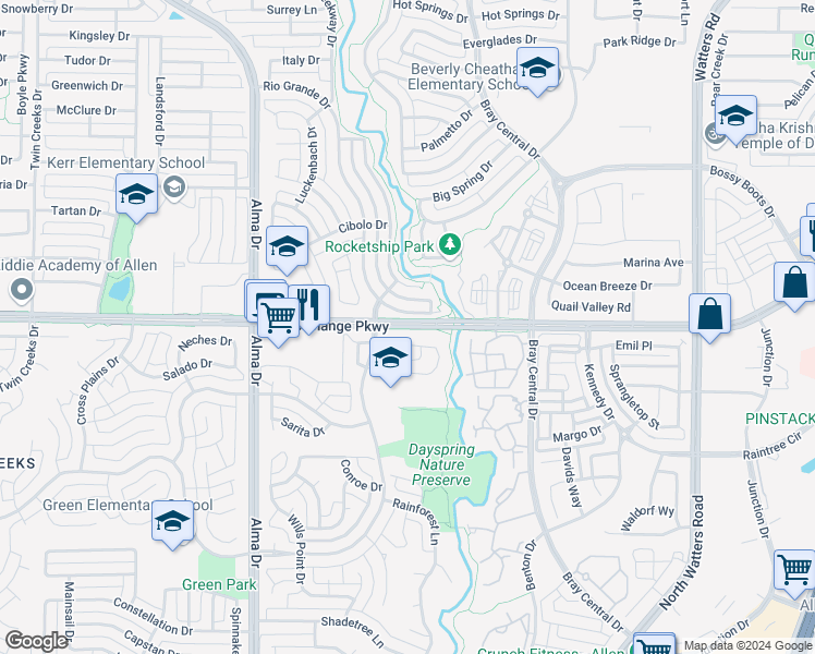 map of restaurants, bars, coffee shops, grocery stores, and more near 1095 West Exchange Parkway in Allen