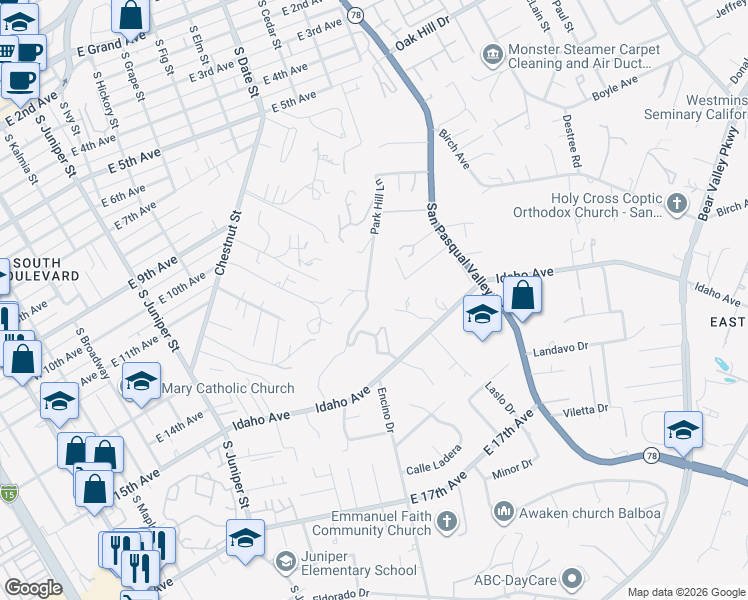 map of restaurants, bars, coffee shops, grocery stores, and more near 1329 Park Hill Lane in Escondido