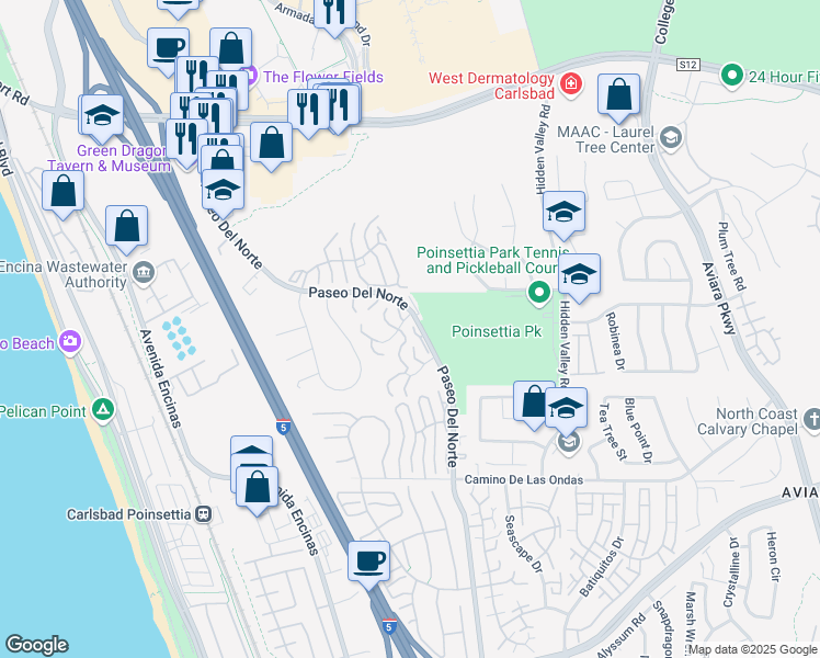 map of restaurants, bars, coffee shops, grocery stores, and more near 6673 Paseo Del Norte in Carlsbad