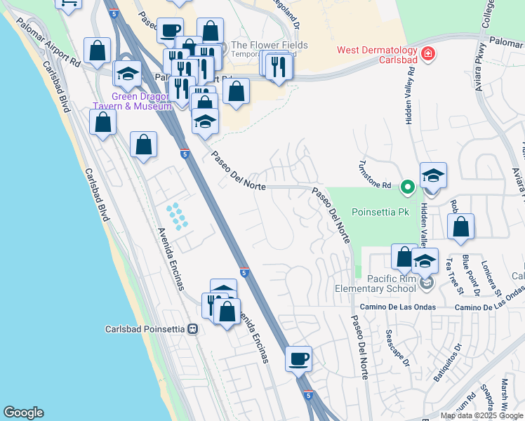 map of restaurants, bars, coffee shops, grocery stores, and more near 6418 Camino Del Parque in Carlsbad