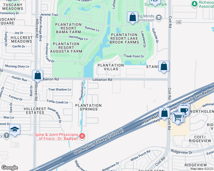 map of restaurants, bars, coffee shops, grocery stores, and more near 11855 Lebanon Road in Frisco