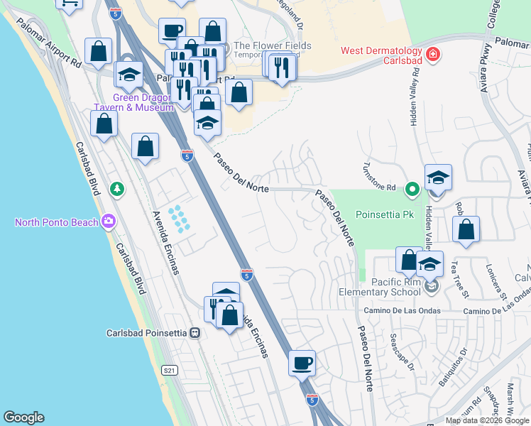 map of restaurants, bars, coffee shops, grocery stores, and more near 6418 Camino Del Parque in Carlsbad