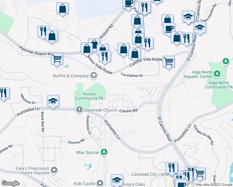 map of restaurants, bars, coffee shops, grocery stores, and more near 6418 Kinglet Way in Carlsbad