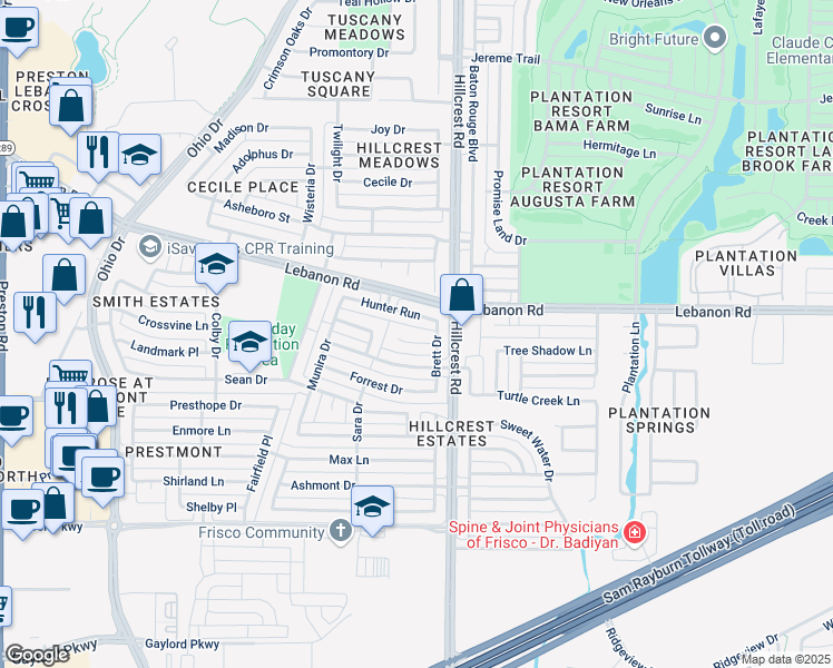 map of restaurants, bars, coffee shops, grocery stores, and more near 10413 Hunter Run in Frisco