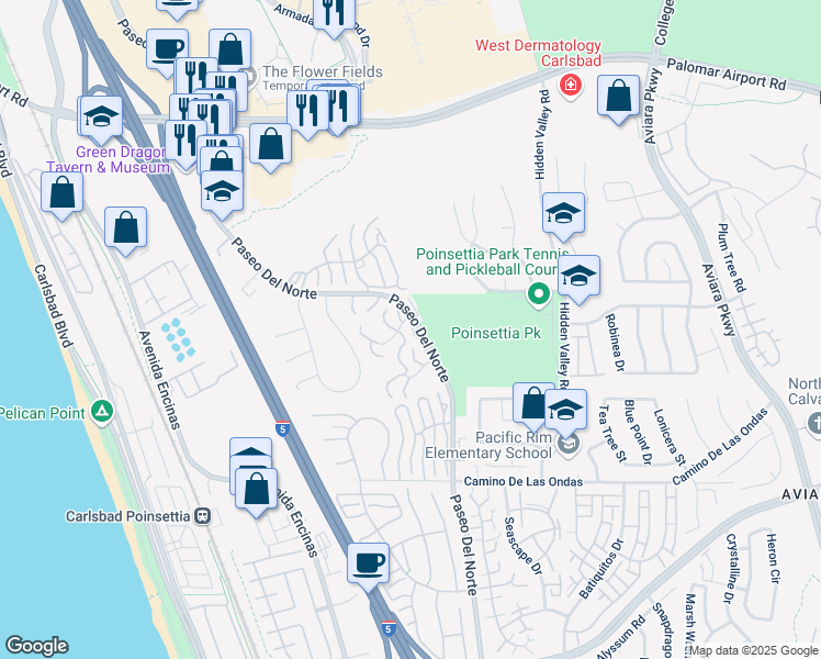 map of restaurants, bars, coffee shops, grocery stores, and more near 6673 Paseo Del Norte in Carlsbad