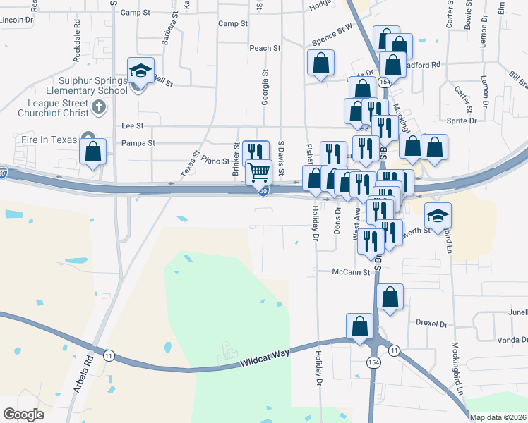 map of restaurants, bars, coffee shops, grocery stores, and more near 468 Shannon Road West in Sulphur Springs