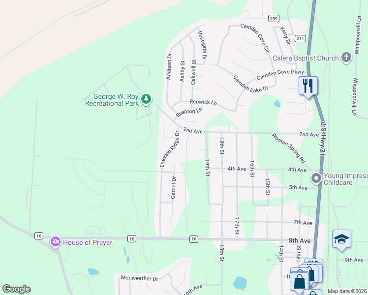 map of restaurants, bars, coffee shops, grocery stores, and more near 1021 Emerald Ridge Drive in Calera
