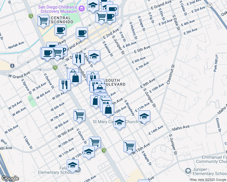 map of restaurants, bars, coffee shops, grocery stores, and more near 128 West 8th Avenue in Escondido