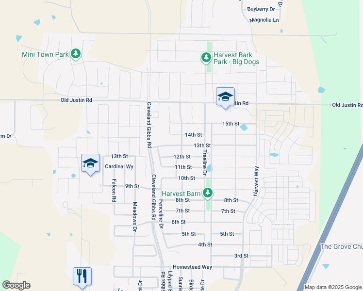 map of restaurants, bars, coffee shops, grocery stores, and more near 1504 13th Street in Argyle