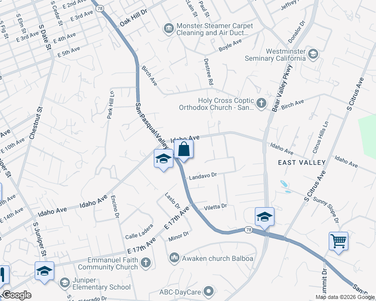 map of restaurants, bars, coffee shops, grocery stores, and more near 1125 Idaho Avenue in Escondido