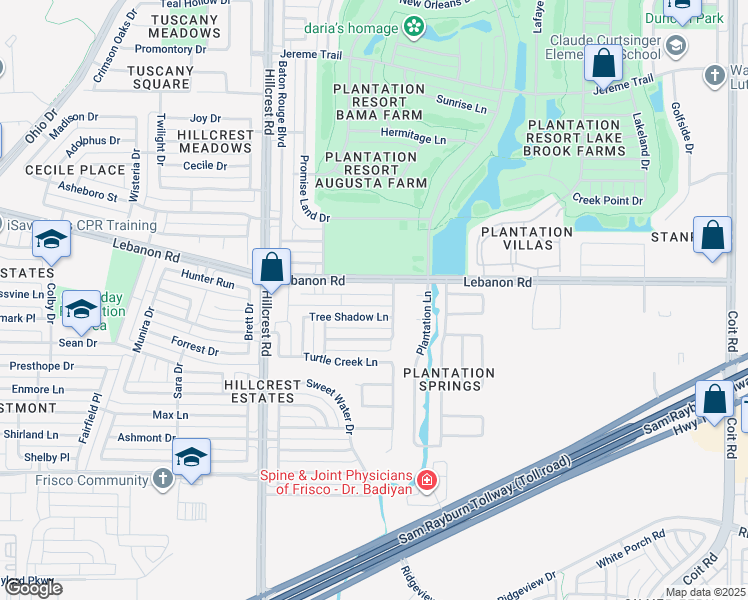 map of restaurants, bars, coffee shops, grocery stores, and more near 11007 Spring Lake Road in Frisco