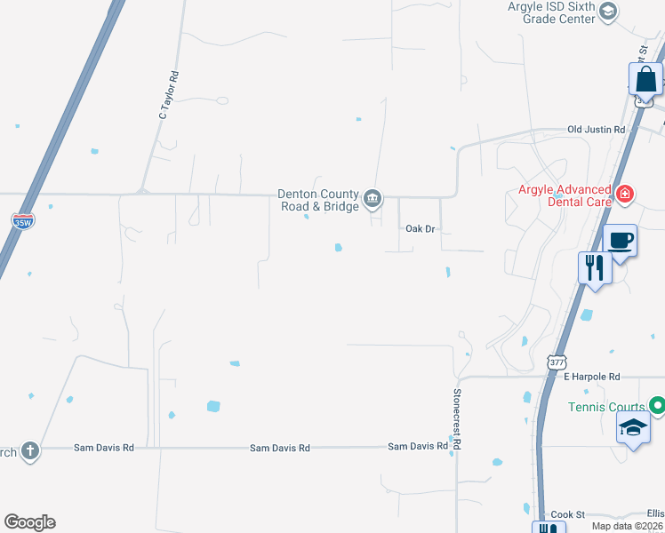 map of restaurants, bars, coffee shops, grocery stores, and more near 603 Old Justin Road in Argyle