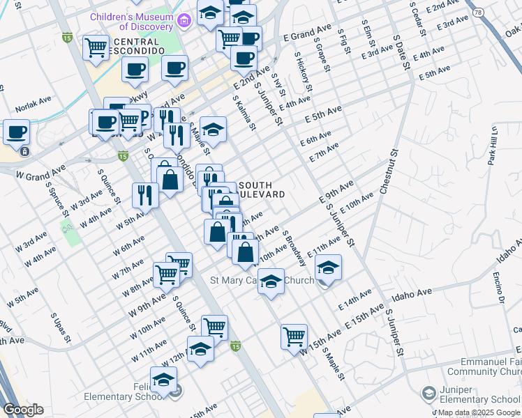 map of restaurants, bars, coffee shops, grocery stores, and more near 118 West 8th Avenue in Escondido