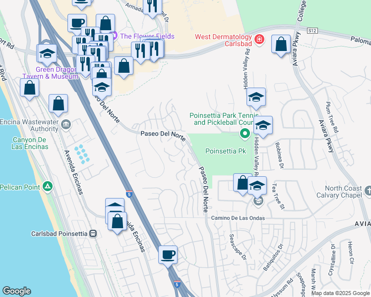map of restaurants, bars, coffee shops, grocery stores, and more near 6675 Paseo Del Norte in Carlsbad