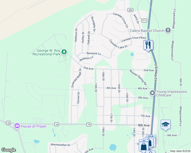 map of restaurants, bars, coffee shops, grocery stores, and more near 273 19th Street in Calera