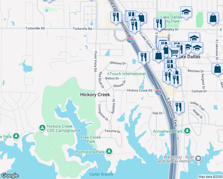 map of restaurants, bars, coffee shops, grocery stores, and more near 140 Shasta Drive in Hickory Creek