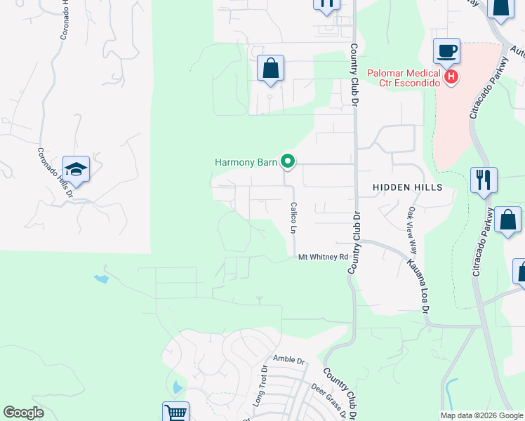 map of restaurants, bars, coffee shops, grocery stores, and more near 1454 Romance Road in Escondido