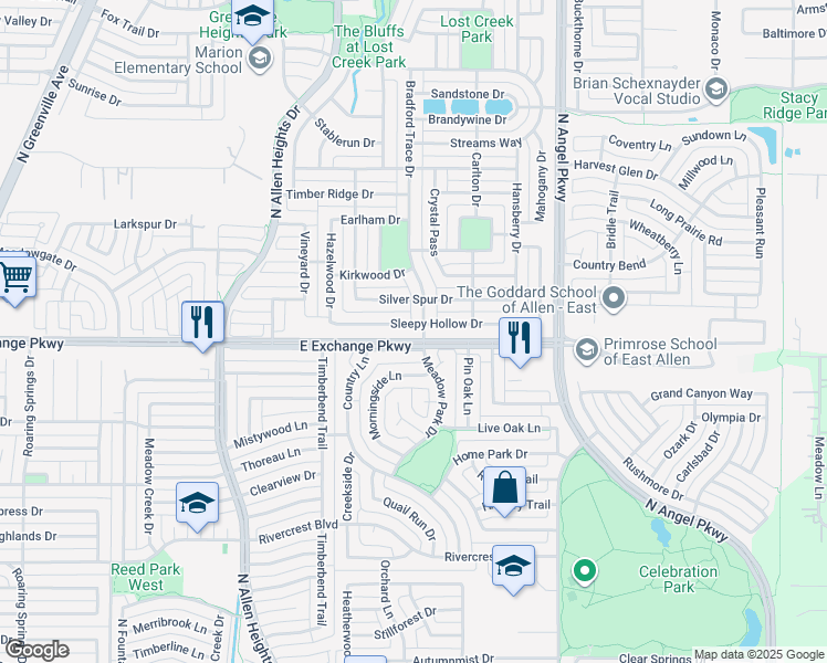 map of restaurants, bars, coffee shops, grocery stores, and more near 1446 Sleepy Hollow Drive in Allen