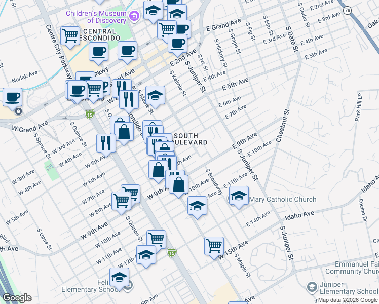 map of restaurants, bars, coffee shops, grocery stores, and more near 118 West 8th Avenue in Escondido