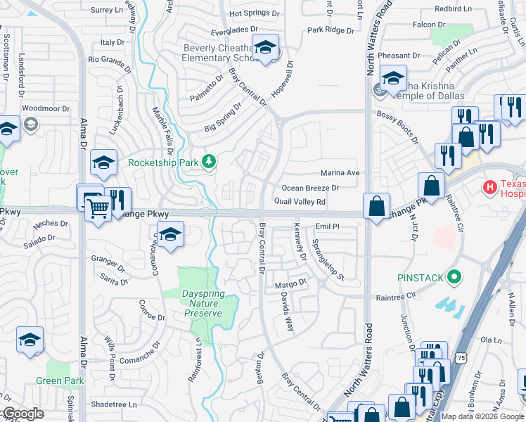 map of restaurants, bars, coffee shops, grocery stores, and more near West Exchange Parkway & Bray Central Drive in Allen