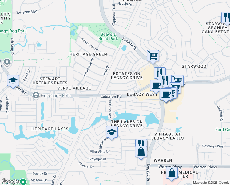 map of restaurants, bars, coffee shops, grocery stores, and more near 4829 Carnegie Drive in Frisco