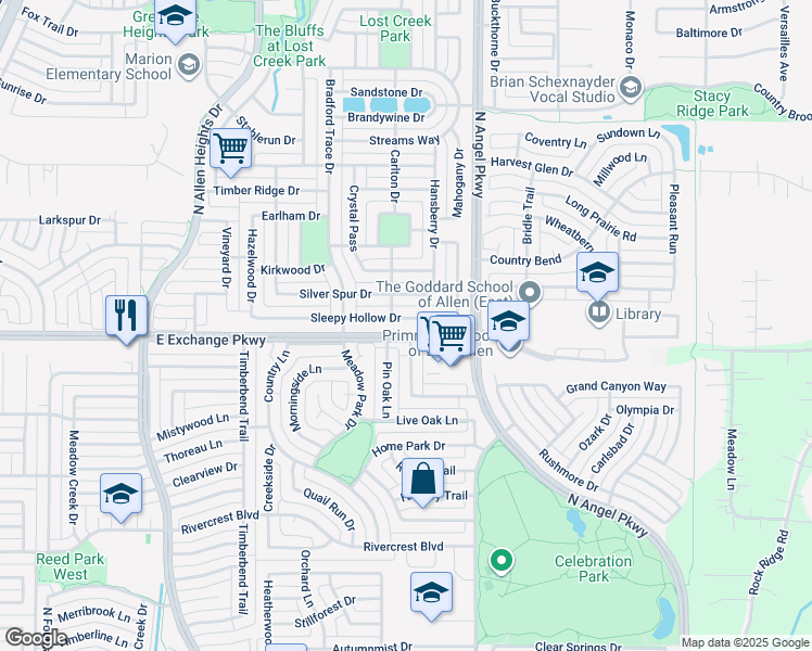 map of restaurants, bars, coffee shops, grocery stores, and more near 1536 Sleepy Hollow Dr in Allen