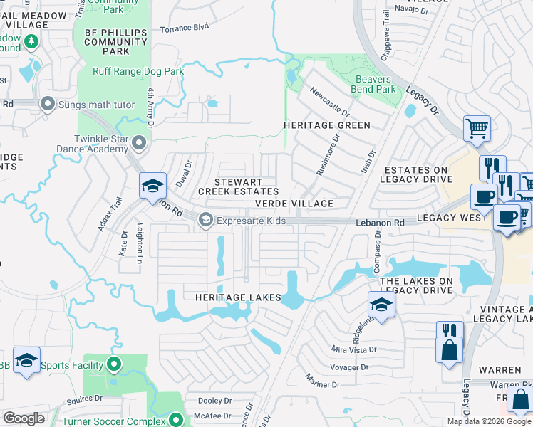 map of restaurants, bars, coffee shops, grocery stores, and more near 4091 Navarro Way in Frisco
