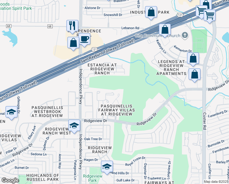 map of restaurants, bars, coffee shops, grocery stores, and more near 2901 Ridgeview Drive in Plano
