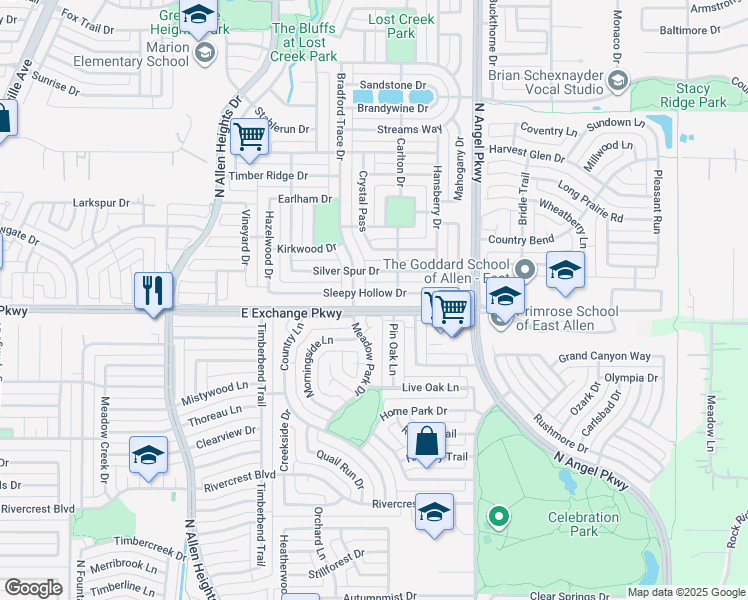 map of restaurants, bars, coffee shops, grocery stores, and more near 1518 Sleepy Hollow Drive in Allen