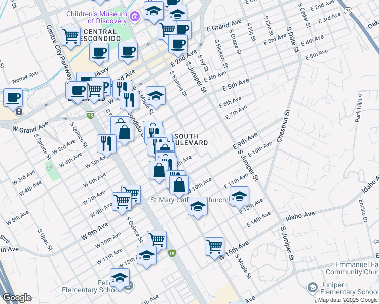 map of restaurants, bars, coffee shops, grocery stores, and more near 128 West 8th Avenue in Escondido