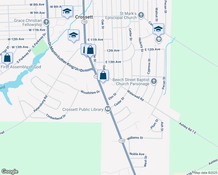 map of restaurants, bars, coffee shops, grocery stores, and more near Pvt Driveway Drive in Crossett