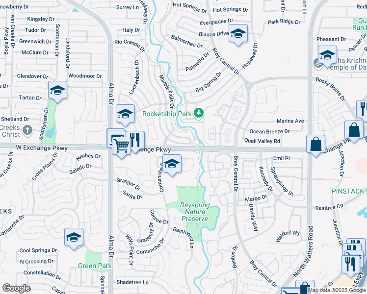 map of restaurants, bars, coffee shops, grocery stores, and more near 1096 West Exchange Parkway in Allen