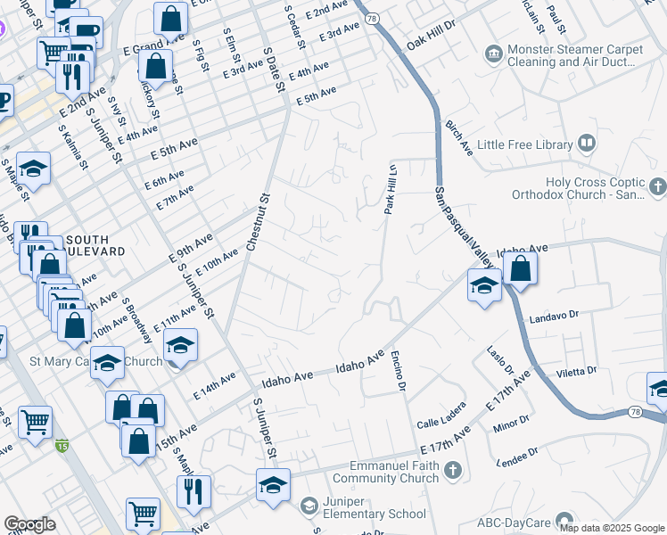 map of restaurants, bars, coffee shops, grocery stores, and more near 1052 Chestnut Drive in Escondido