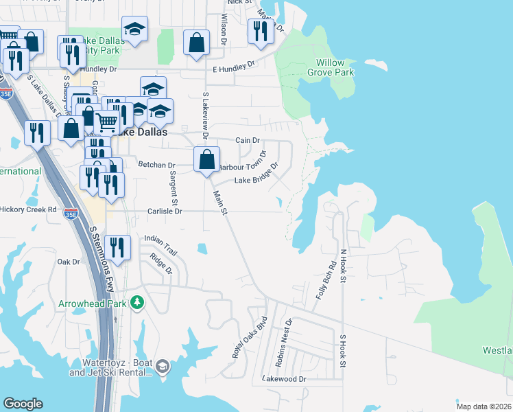 map of restaurants, bars, coffee shops, grocery stores, and more near 747 Carlisle Drive in Lake Dallas
