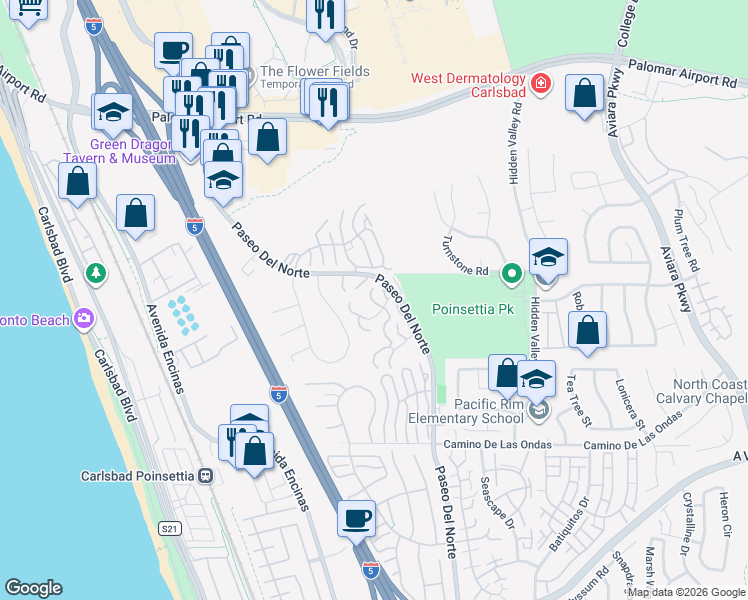 map of restaurants, bars, coffee shops, grocery stores, and more near 902 Caminito Madrigal in Carlsbad