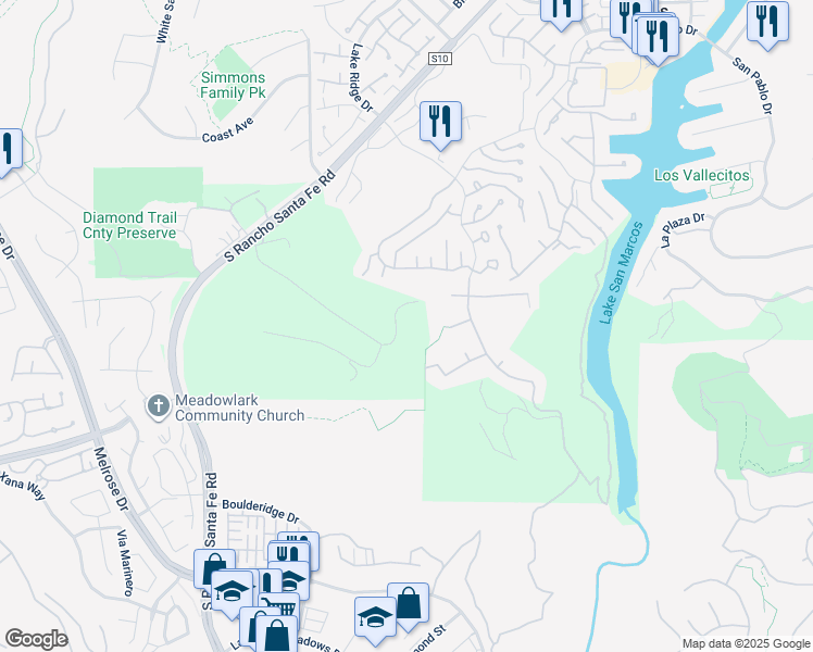 map of restaurants, bars, coffee shops, grocery stores, and more near 1425 Via Del Corvo in San Marcos