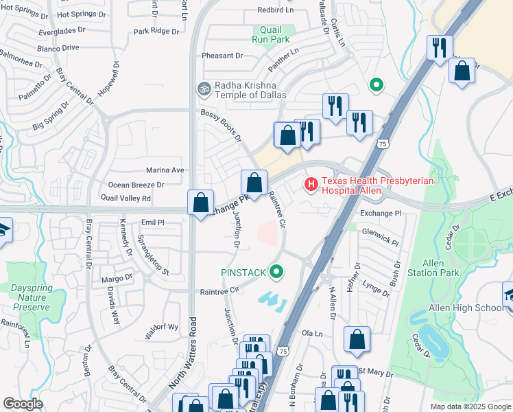map of restaurants, bars, coffee shops, grocery stores, and more near 915 West Exchange Parkway in Allen