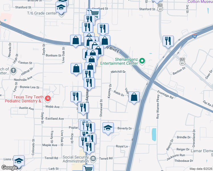 map of restaurants, bars, coffee shops, grocery stores, and more near 2503 Woodrow Boulevard in Greenville