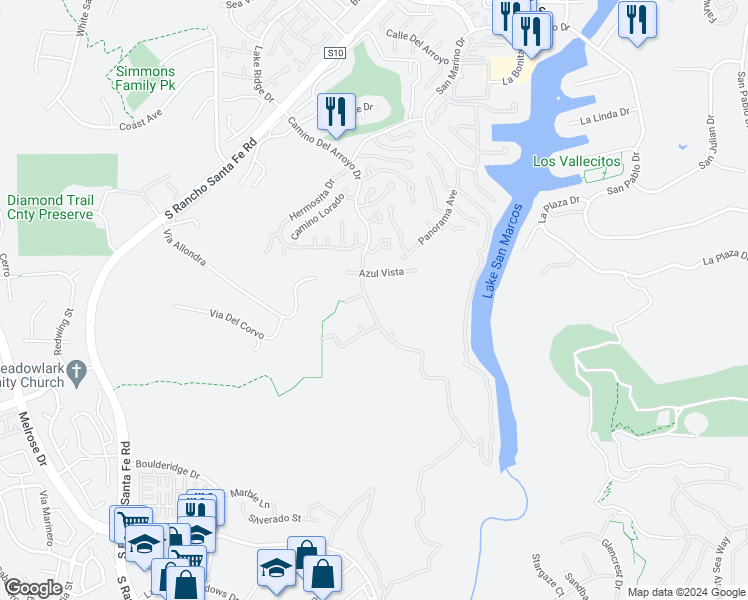 map of restaurants, bars, coffee shops, grocery stores, and more near 1033 Camino Del Arroyo Drive in San Marcos
