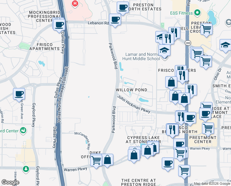 map of restaurants, bars, coffee shops, grocery stores, and more near John Hickman Parkway in Frisco