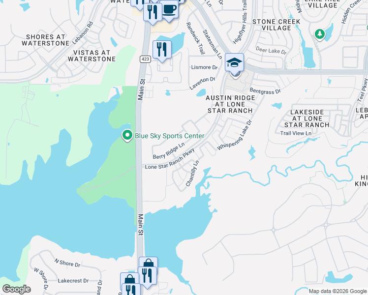 map of restaurants, bars, coffee shops, grocery stores, and more near 4416 Berry Ridge Lane in Frisco