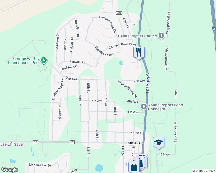 map of restaurants, bars, coffee shops, grocery stores, and more near 255 16th Street in Calera