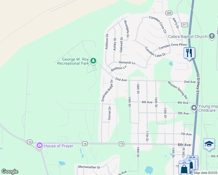 map of restaurants, bars, coffee shops, grocery stores, and more near 1021 Emerald Ridge Drive in Calera