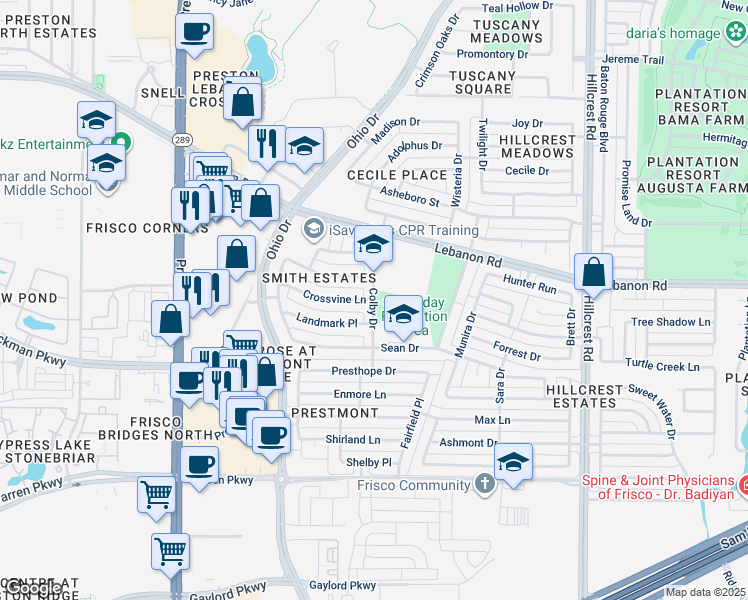 map of restaurants, bars, coffee shops, grocery stores, and more near 4600 Colby Drive in Frisco