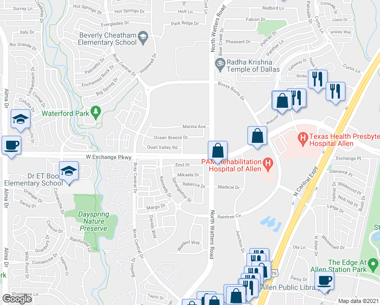 map of restaurants, bars, coffee shops, grocery stores, and more near 1020 West Exchange Parkway in Allen