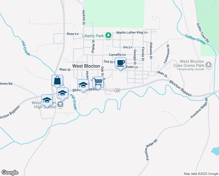 map of restaurants, bars, coffee shops, grocery stores, and more near 465 Fern Lane in West Blocton