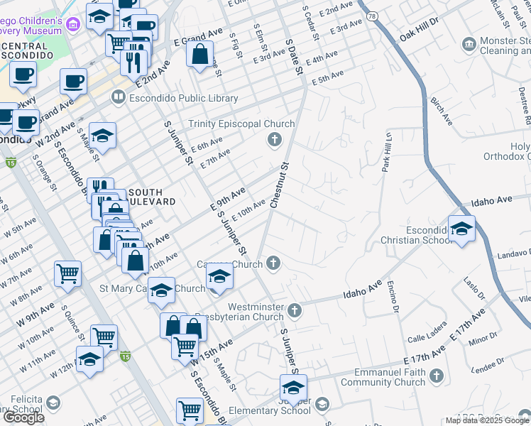 map of restaurants, bars, coffee shops, grocery stores, and more near 1055 Chestnut Street in Escondido