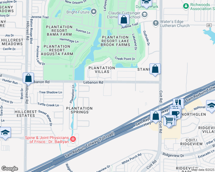 map of restaurants, bars, coffee shops, grocery stores, and more near 11777 Lebanon Road in Frisco