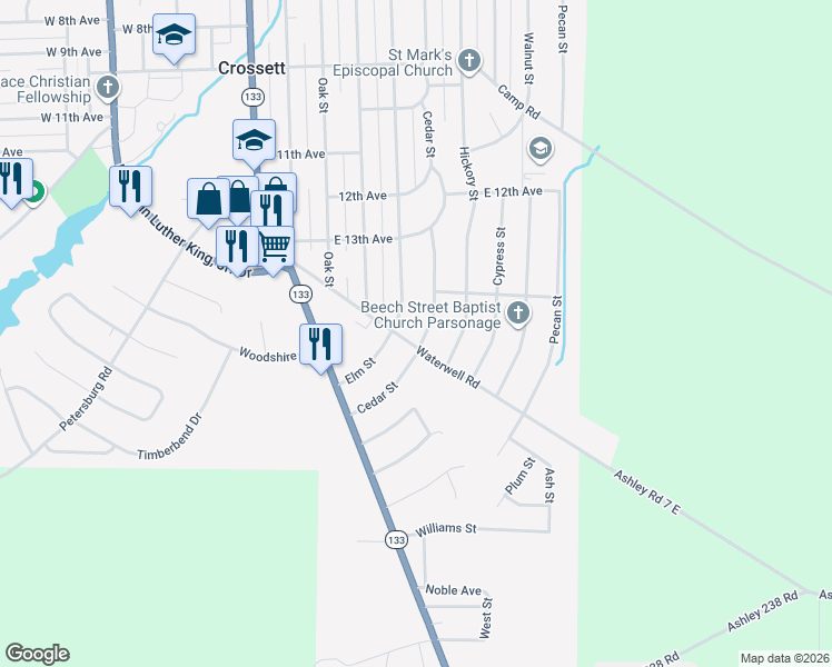 map of restaurants, bars, coffee shops, grocery stores, and more near 1408 Cedar Street in Crossett