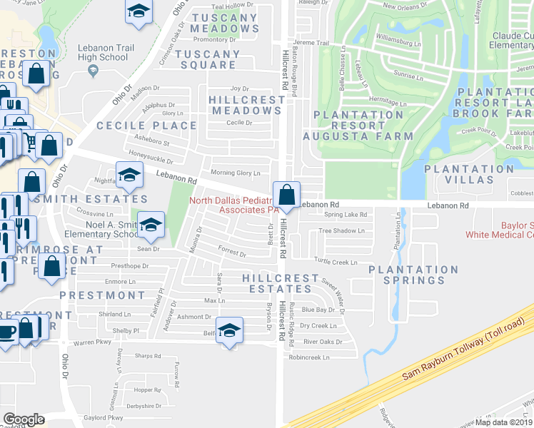 map of restaurants, bars, coffee shops, grocery stores, and more near 10413 Hunter Run in Frisco